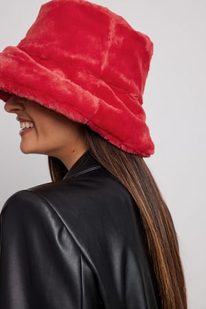 Red Faux Fur Bucket Hat