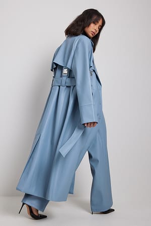 Blue Buckle Detail PU Trenchcoat