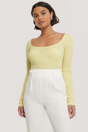 Yellow Deep Round Neck Ribbed Top