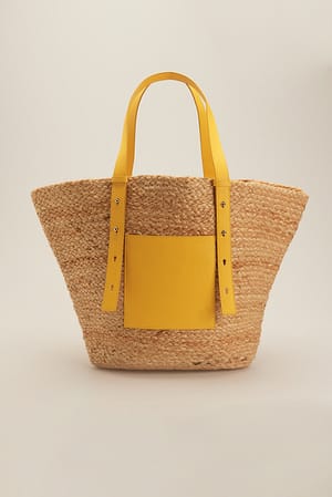 Natural/Yellow Pocket Detail Beach Bag