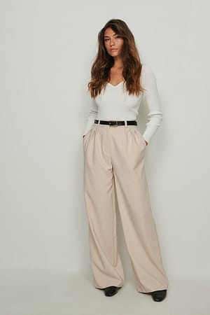 Sand Recycled Pleated Wide Leg Suit Pants