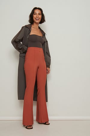 Warm Brown Recycled Slit Detailed Flared Pants