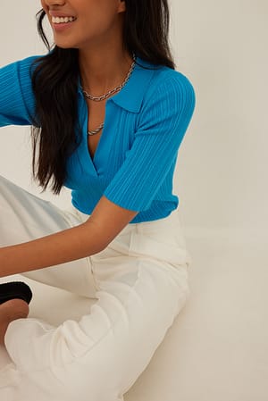 Blue Rib Knitted Collar Short Sleeve Top
