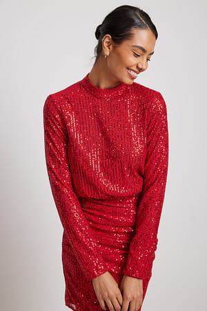 Red Rouched Sequin Mini Dress
