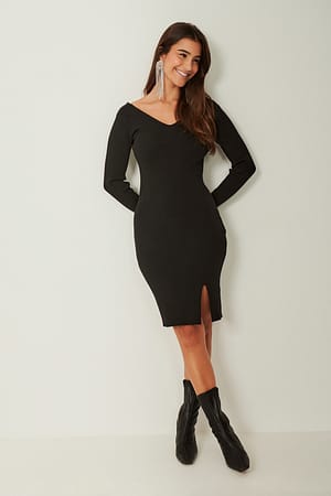 Black V-shape Ribbed Mini Dress