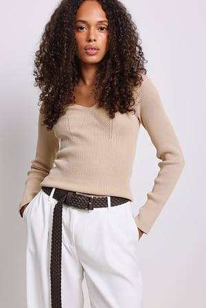 Beige Chest Detail Knitted Long Sleeve Sweater